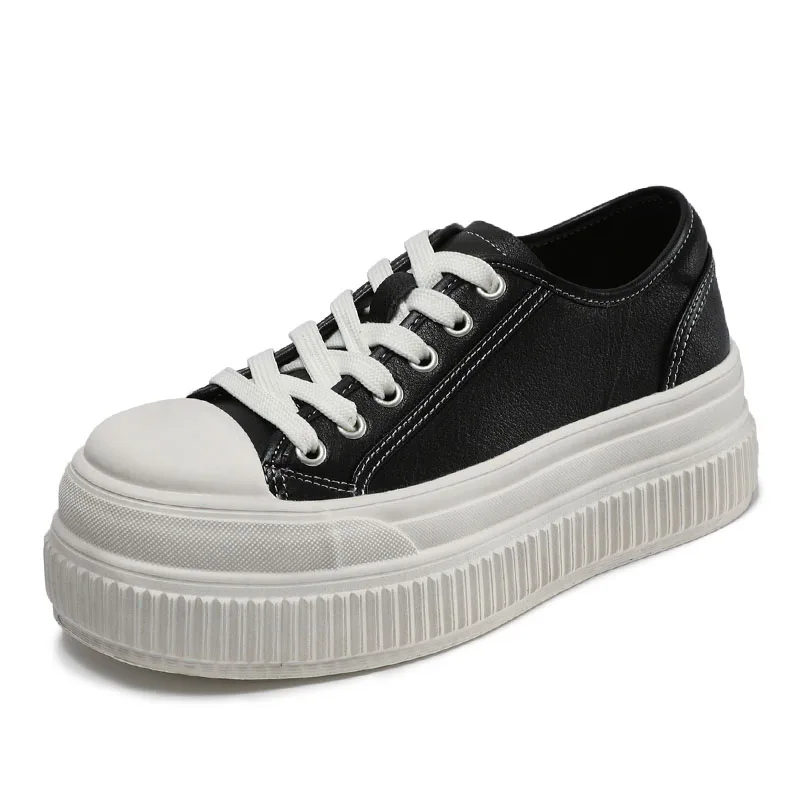 DRKANOL Fashion Spring Autumn Genuine Leather Shoes Women Chunky Platform Thick Sole Height Increasing Lace-Up Casual Shoes Lady