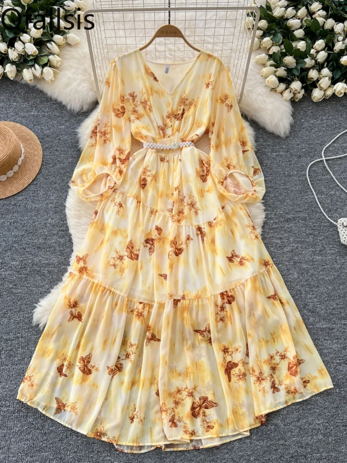 Ofallsis French High end Style Waist Slim Dress 2024 V neck Lantern Sleeves Printed Slimming Large Chiffon Long Dresses Female