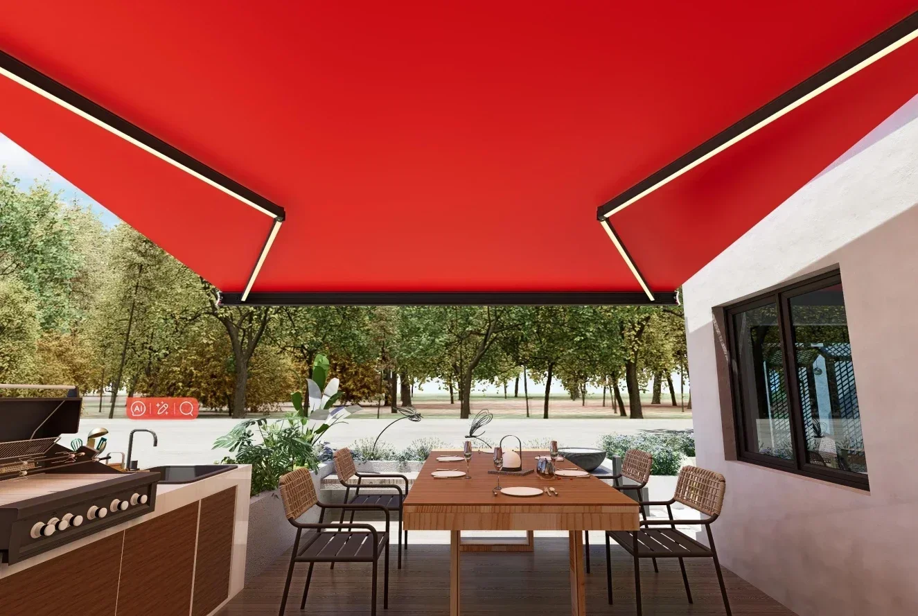 Tenda a cassetta completa Tenda a braccio retrattile Tenda da sole estensibile in tessuto acrilico impermeabile elettrico esterno motorizzato con luce a LED