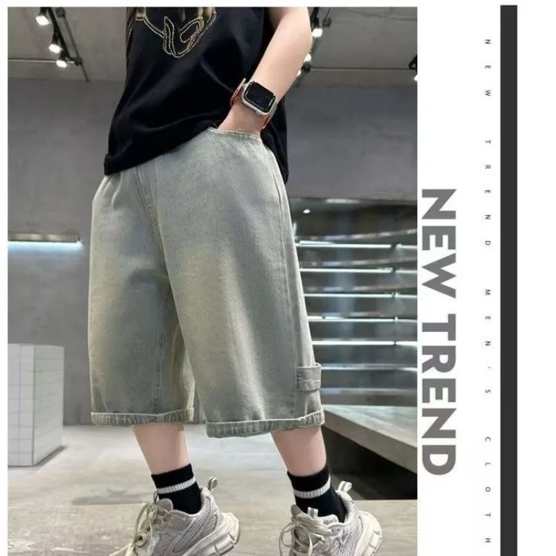 

2025 Teenage Boys Hiphop Denim Shorts 4-10 Year Summer Jeans Fashion Letter Printed Soft Trousers for Kids Children Casual Pants