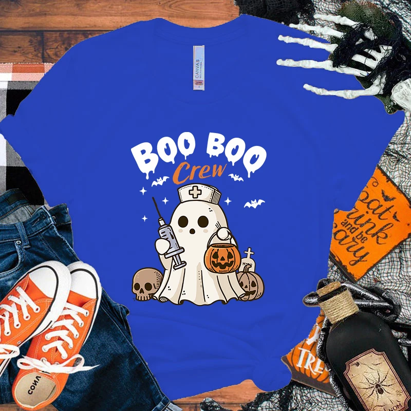 Halloween Boo Crew Letter Printed Women T-Shirts Halloween Boo Crew Short Sleeve Shirts Summer Round Neck Tee Shirt