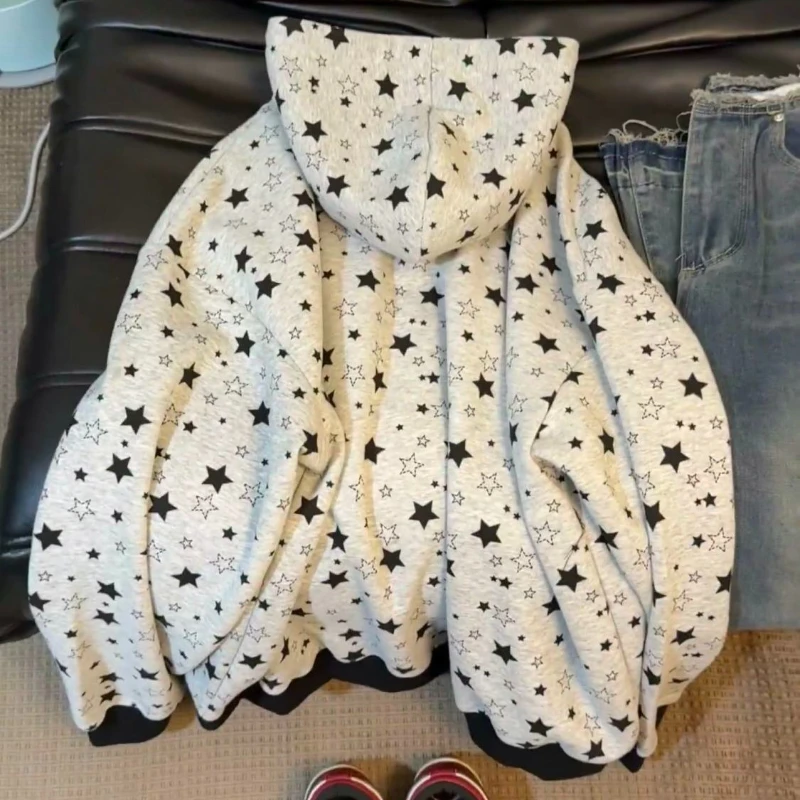 Deeptown Y2k Vintage Star Print Hoodies Women Harajuku Hip Hop Zip Up Sweatshirts Retro Gothic Oversize Casual Hoodies Street
