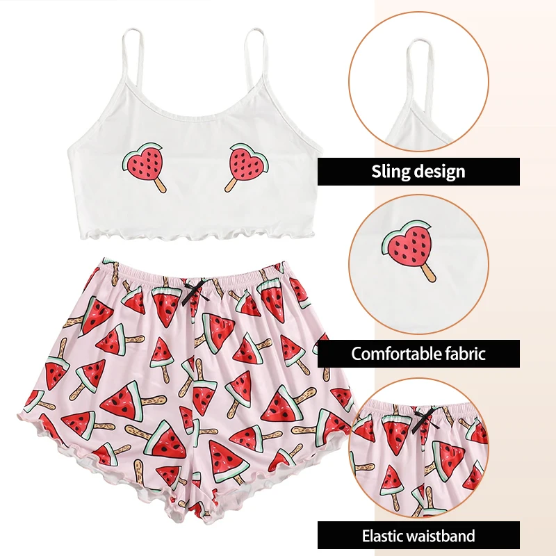 Summer New Comfortable Two-Piece Milk Silk Pink Printed Watermelon Suspender Sexy Women\'s Home Sleepwear Set