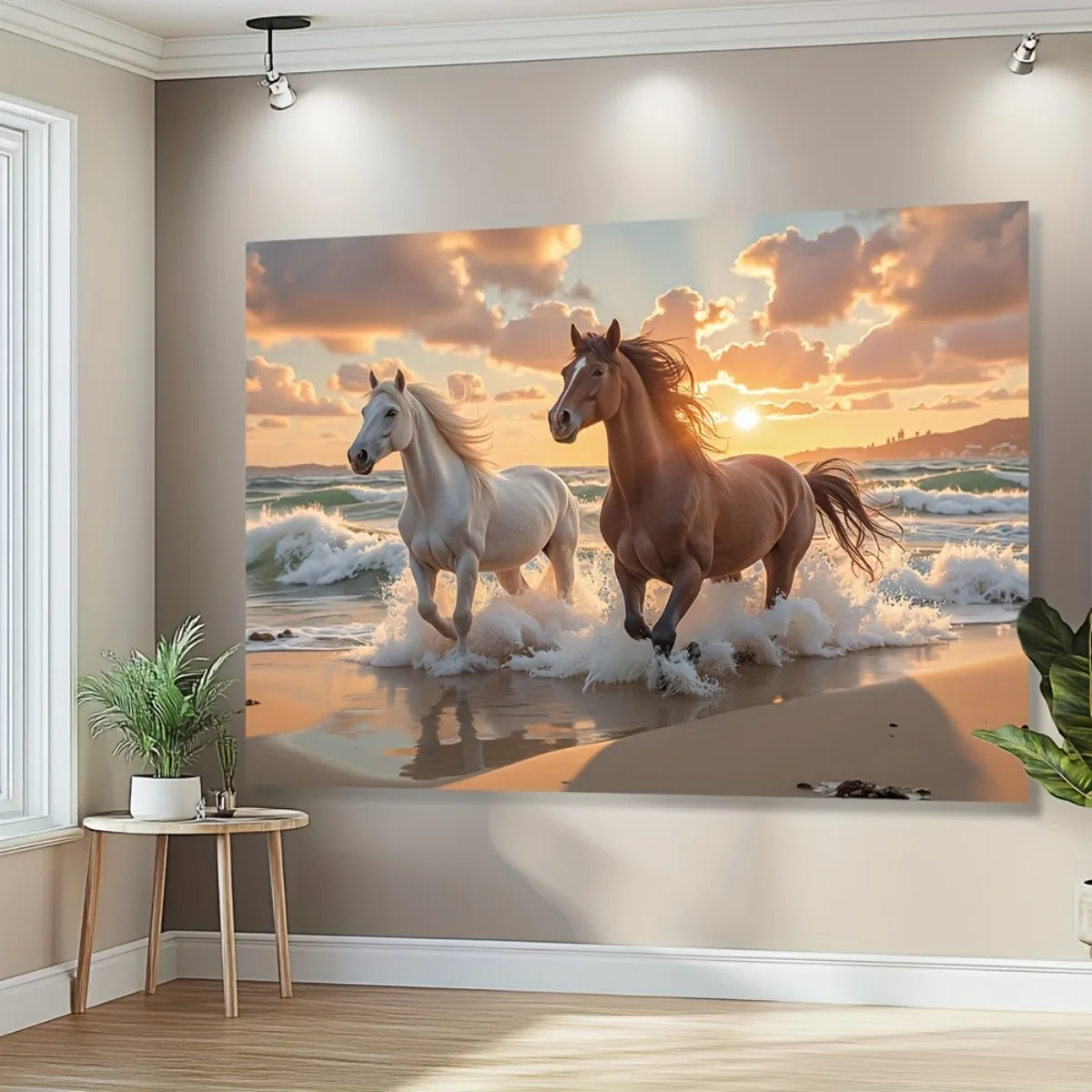Sunset Beach Horses Tapestry Wall Hanging, White and Brown Stallions Running in Ocean Waves, Boho Home Decor for Living Room