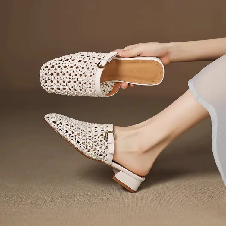 

French Retro Fashion Woven Breathable Hollowed-out Mules for Women Summer Casual Non-Slip Wear-Resistant Low Heels Half-slippers