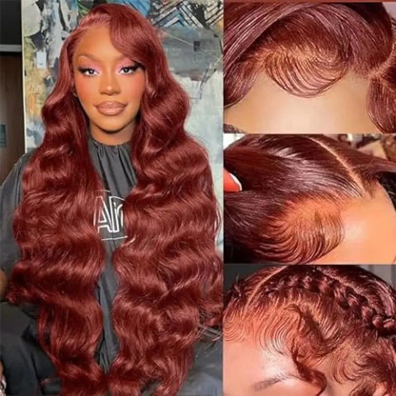 13x6 Reddish Brown Body Wave Lace Frontal Human Hair Wig Lace Front Wig #33 Dark Red Brown Wig Pre Plucked Brazilian Remy Hair