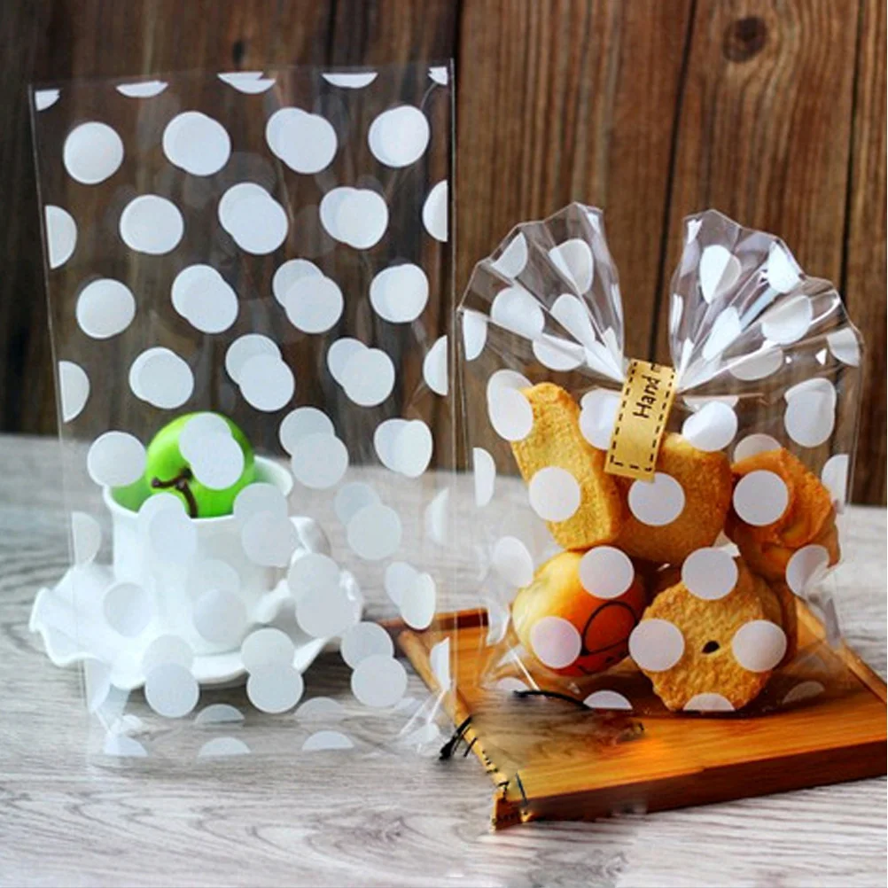 100 Pcs Clear Plastic Pouches Cookie Bread White Dots Pattern Food Bags Handmade Soap Bags for Baking Food Storage