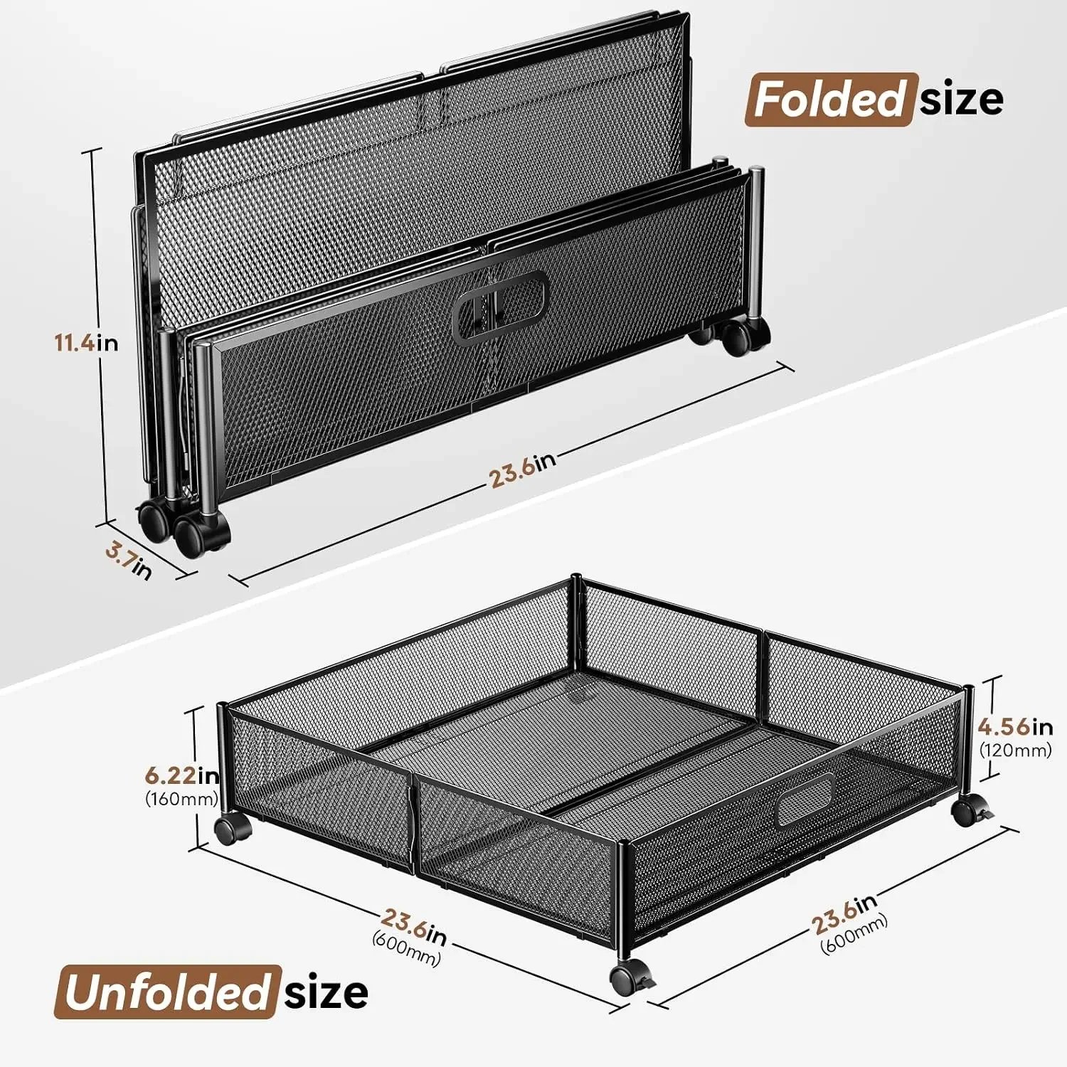 Under Bed Storage with Wheels & Handle,Metal,Large,4 Pack,Black | Tool-free assembly,glide smoothly,easy