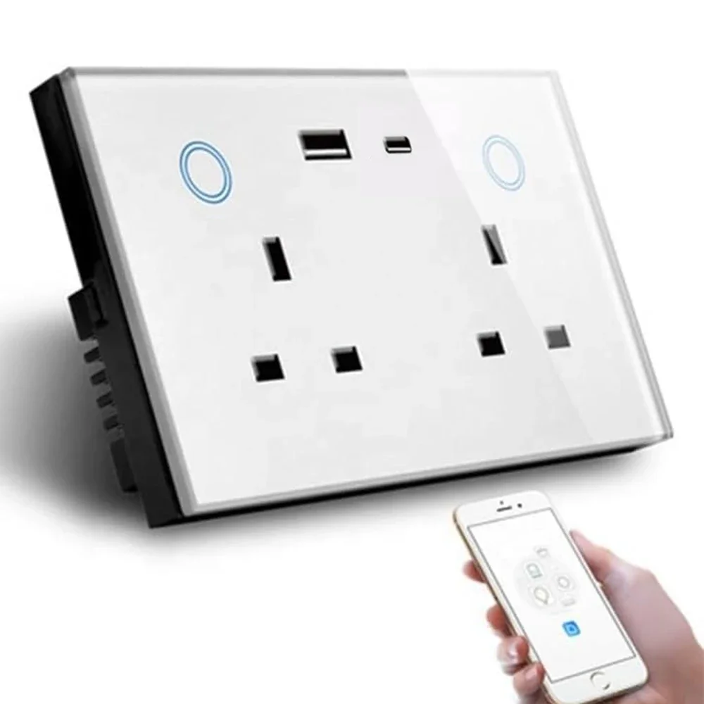 Mvava UK 2 Gang 2 Way 20w PD Fast Charge Type A C Usb Double Outlets Wall Electrical Power Smart Tuya Wifi Socket