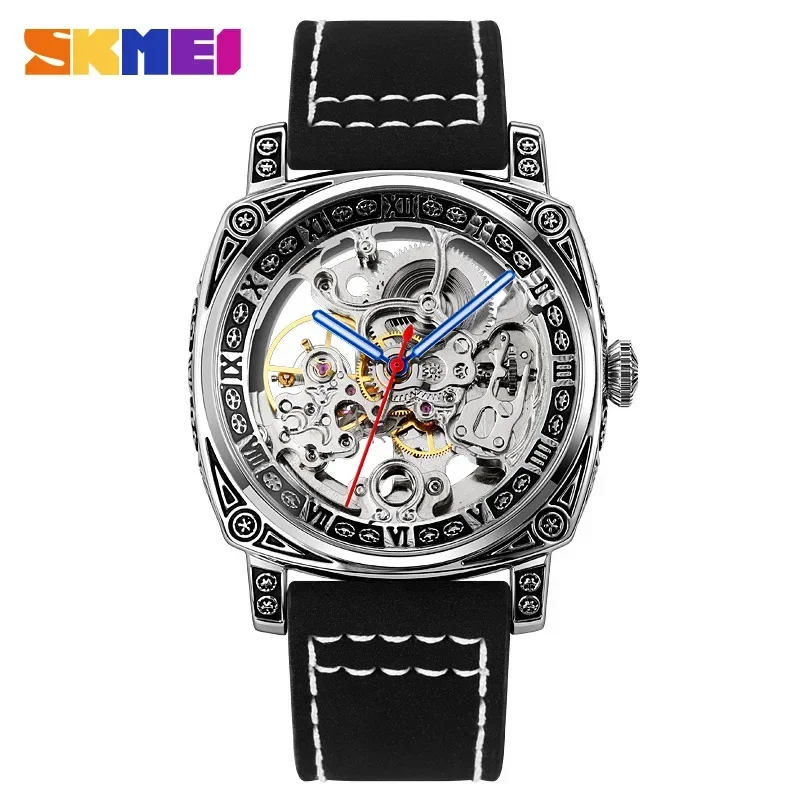 SKMEI New Fully Automatic Mechanical Watch Stainless Steel Mesh Belt Waterproof Gear Mechanical Men\'s Watch reloj hombre