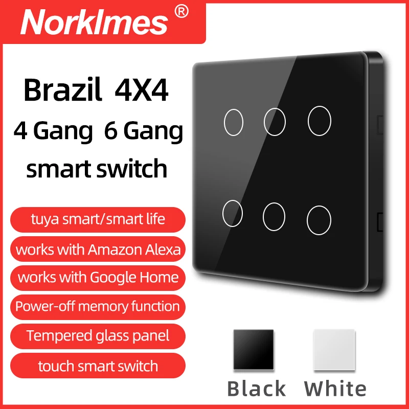 

Tuya Brazil 4x4 WiFi Wall Switch, Touch-Sensor Smart home interruptor 4/6 Gang Light Switch work with Alexa, Google Home