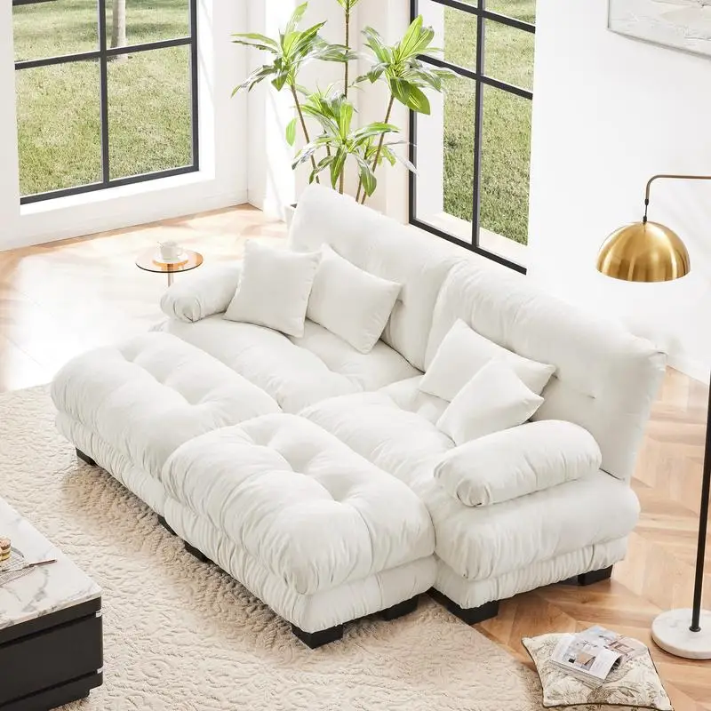 Cloud Sleeper Sofa for Living Room, Chenille 2-Seater Sofa with Lumbar & Throw Pillows, Upholstered Wide Arm Couch with