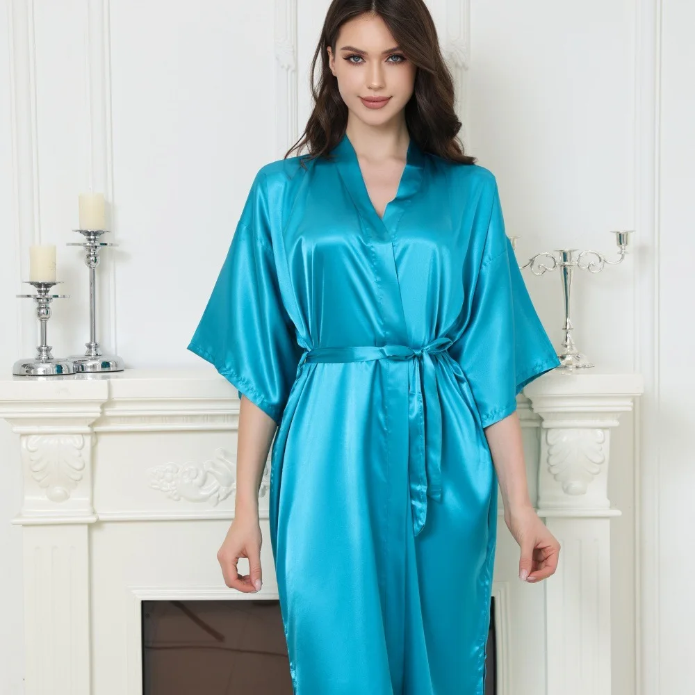 

Women's Satin Solid Color Silk Nightgown, Bathrobe, Long Plain Glossy Cardigan Robe, Hot-selling and Can Be Worn Outside