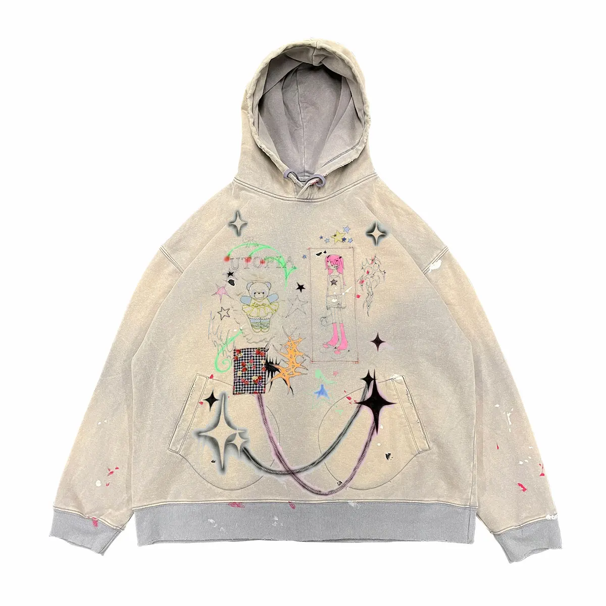 

Американское ретро-худи в стиле субкультуры с эффектом брызг краски, весенне-осенняя толстовка с круглым вырезом для студентов, без бренда