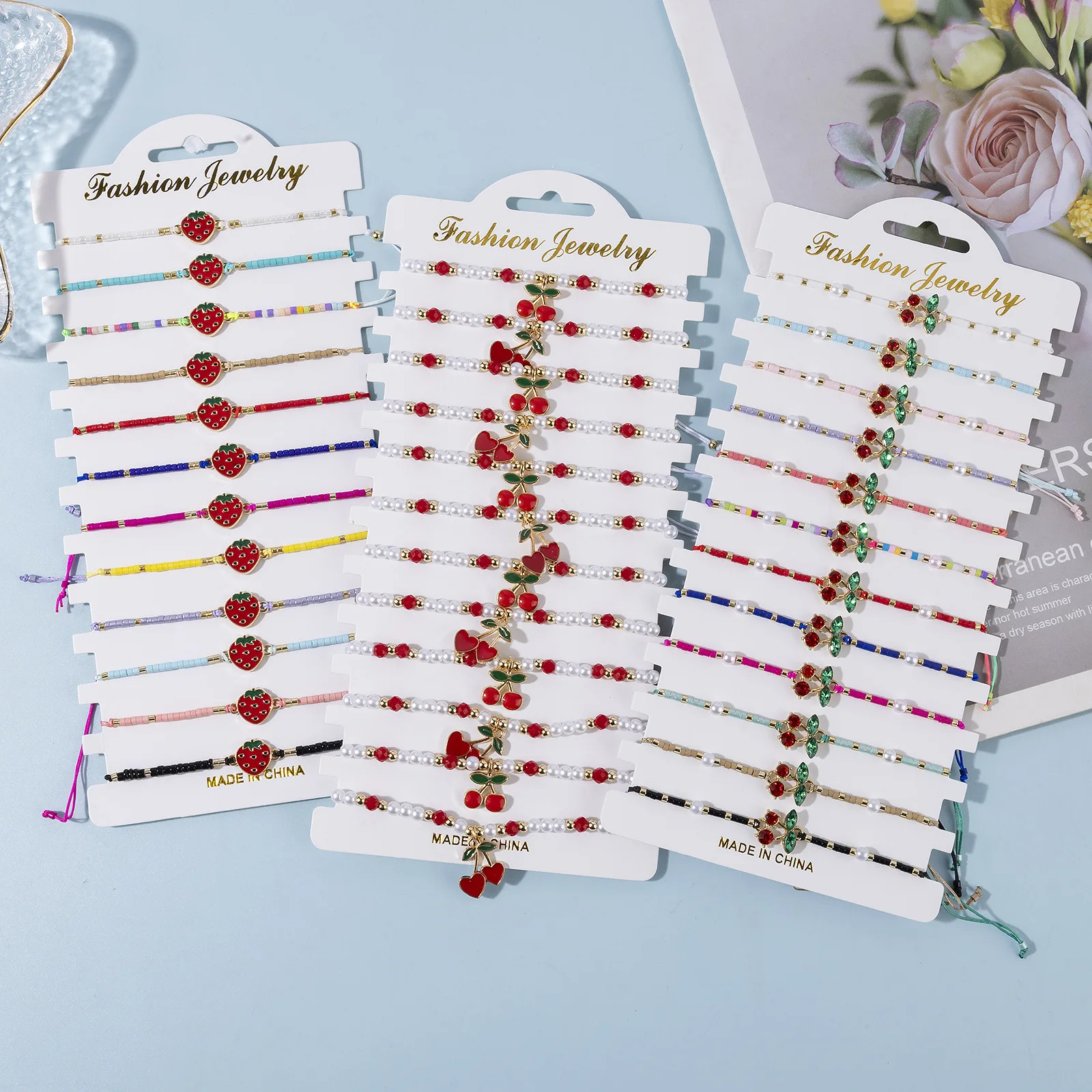 ZGMXR 12PCS Rice bead bracelet Fruits Strawberry Cherry Pearl Crystal Hand weaving Bohemia Adjustable  Fashion  Beaded bracelet