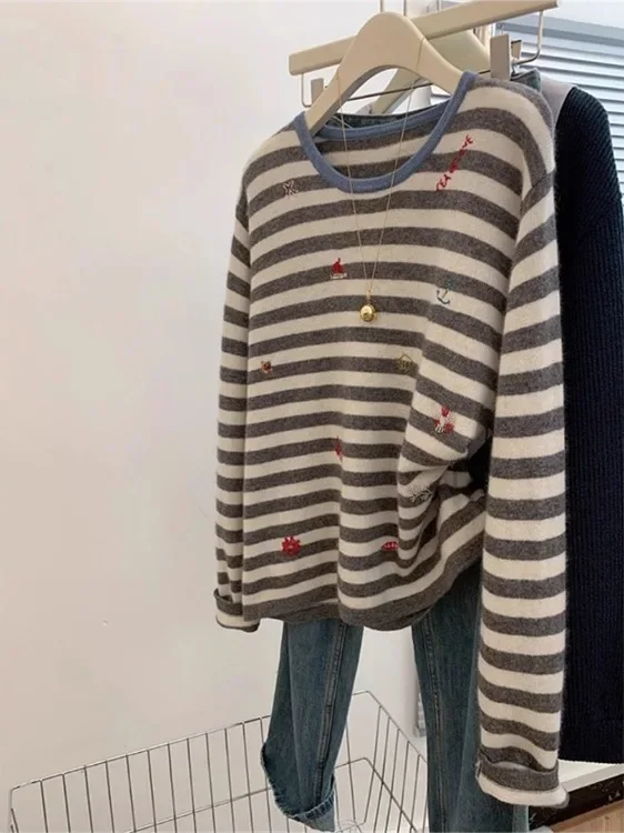 Women's Loose Fit Knitted Sweater Embroidered Stripes Color Block Base Layer Top Casual Style Comfortable Soft Fabric Long Sl...