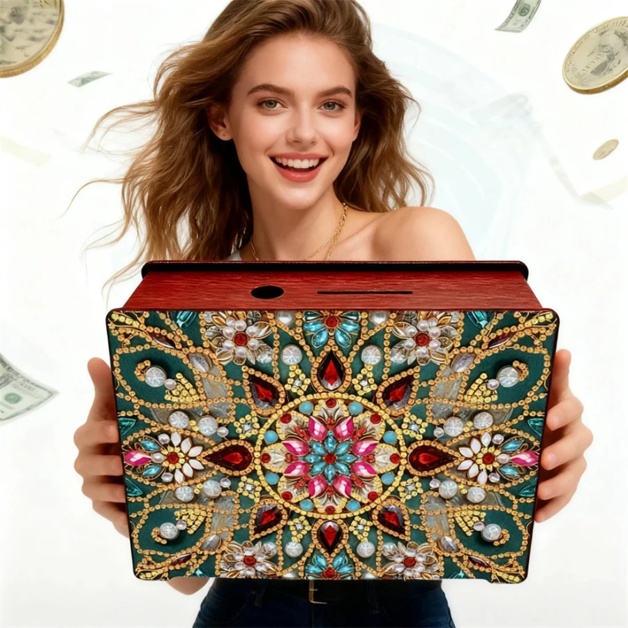 

Flower Rhinestones Desktop Ornaments DIY Money Storage Box Diamond Art Decors Diamond Painting Change Holder Case Decors