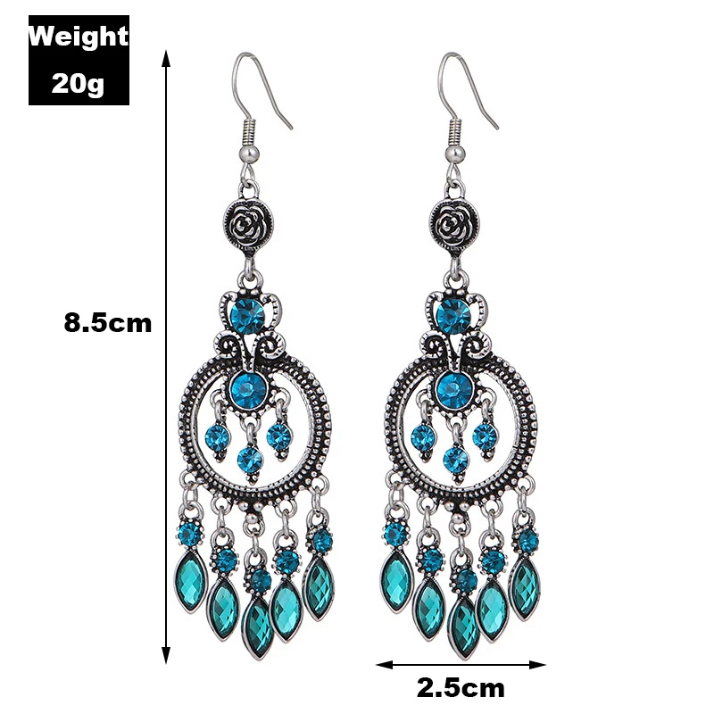 Orecchini Vintage etnici con nappe di cristallo per le donne eleganti Boho lunghi orecchini pendenti con acqua Color argento cavo rotondo Jhumka