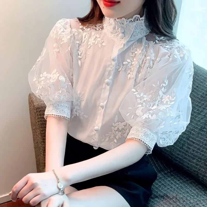 

2023 Summer Women Lantern Short Sleeve Embroidery Stand Collar Top Shirt , Sweet Ladies Fashion Chiffon Tops Shirts