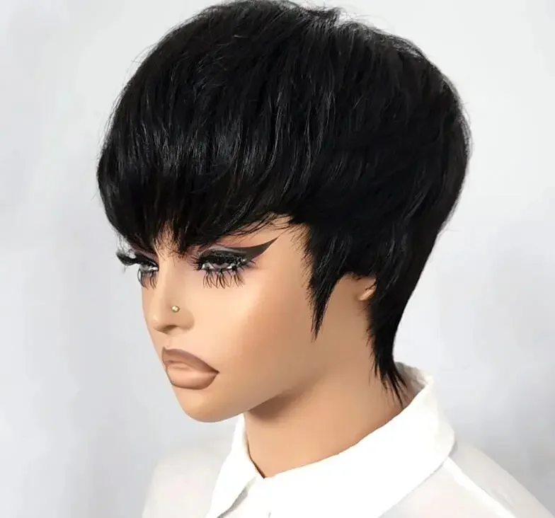 Glueless Pixie Cut Layered Straight Human Hair Wig with Bangs for Black Women, Machine Made Raw Remy Hair, Natural Black