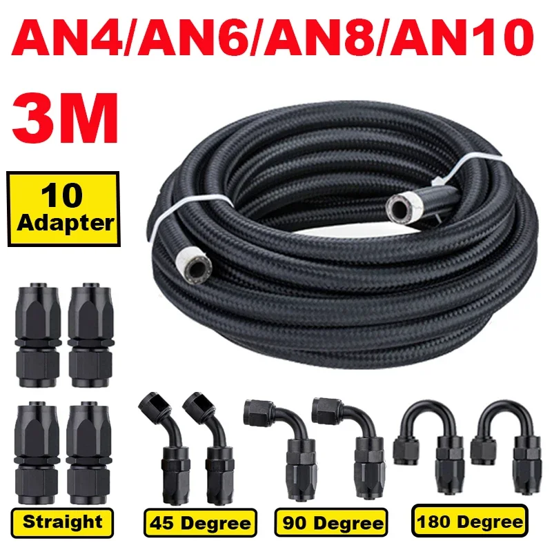 3M AN4 AN6 AN8 AN10 Car Fuel Hose Oil Gas Line Nylon Steel Braided Pipeline Radiator Brake Hose Fuel Pipe + 10 Hose End Adapters