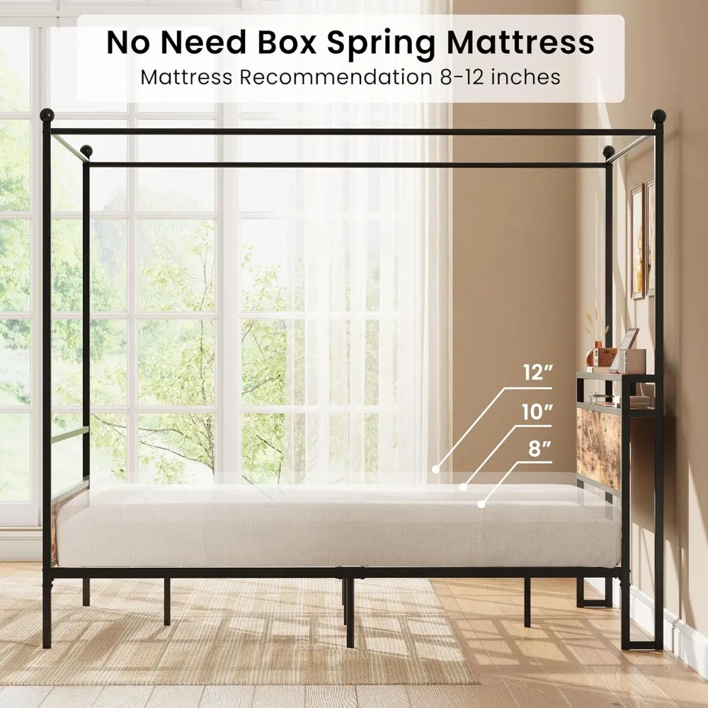 إطار سرير بمظلة كوين مع لوح أمامي للتخزين ومحطة شحن، سرير بمنصة معدنية قوية مع 4 أعمدة قابلة للإزالة #5
