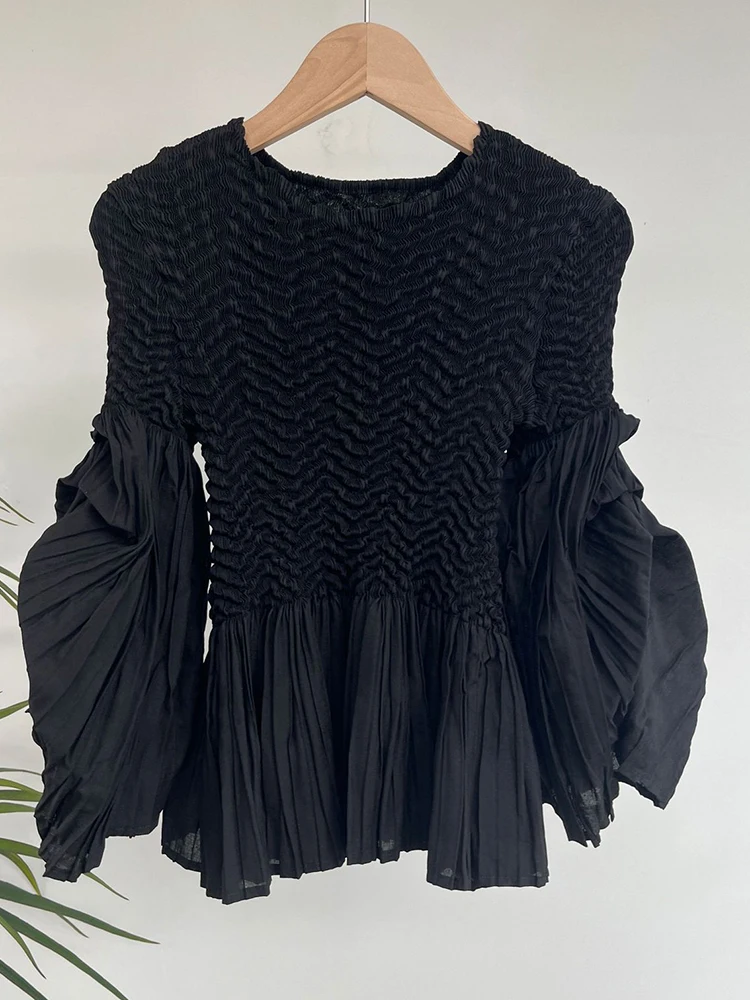 GVUW Elegant Pleated Shirts For Women 2023 New Autumn O-neck Puff Sleeves Solid Color Patchwork Loose Fit Blouse Female 17G2859