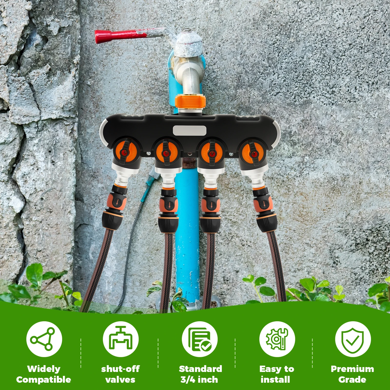 4-Way Splitter 3/4"and 1/2" Water Connection Distributor Adjustable Water Flow Water Tap Splitter for Outdoor Tap Garden Hoses