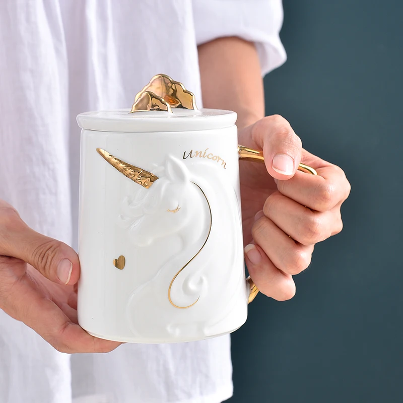 Caneca de café unicórnio com tampa de suporte para celular, lindo relevo, fofo, água, chá, cerâmica, leite, xícara de café da manhã, presente criativo