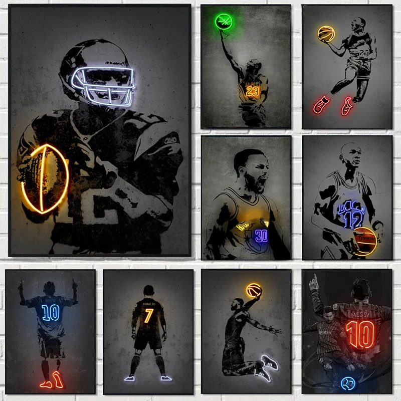 Neon-Effekt Sport-Poster Basketballspieler Graffiti Leinwanddruck Fußball-Kunstdruck Wandbilder für Schlafzimmer-Dekoration Cuadro
