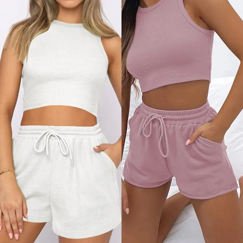 

Chic Waffle Texture Lounge Set For Women Casual O Neck Crop Tank Top With Adjustable Waist Shorts Breathable Two Piece Outfit