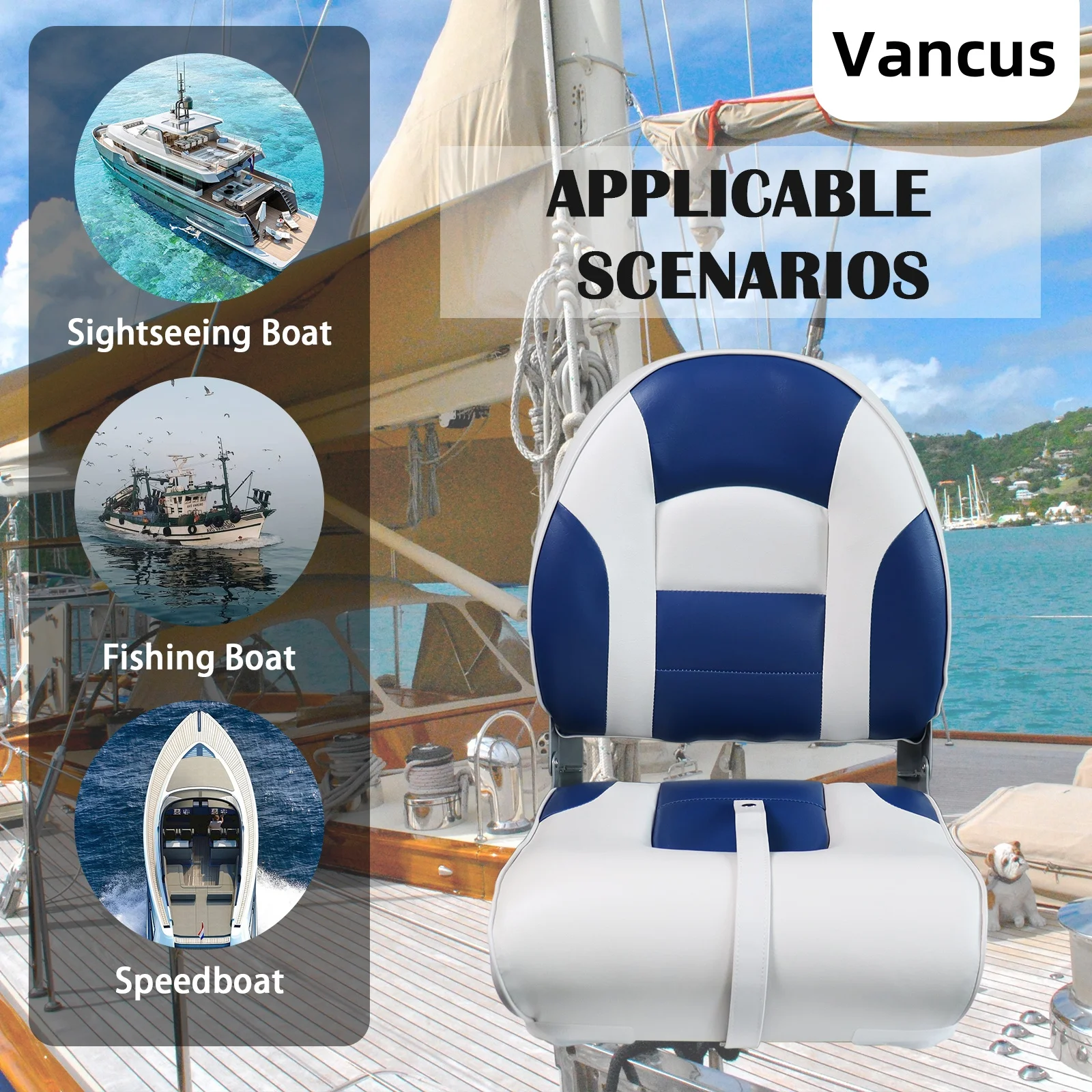Bootstoel met hoge rugleuning, opklapbare vissersbootstoel, blauw en wit met verdikte sponsvulling, ergonomisch ontwerp
