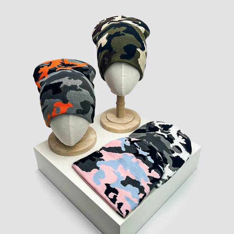 Autumn and Winter New European Style Camouflage Color Block Knitted Hats Warm Versatile Hip Hop Beanies Street Fashion Outdoor