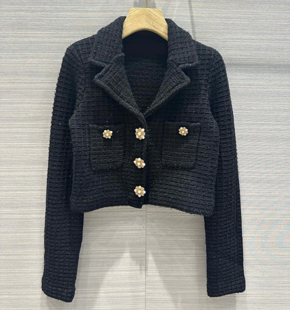 

Korean Style Autumn Chic Women High Quality Short Coat Elegant Buttons Pockets Tweed Jackets C500