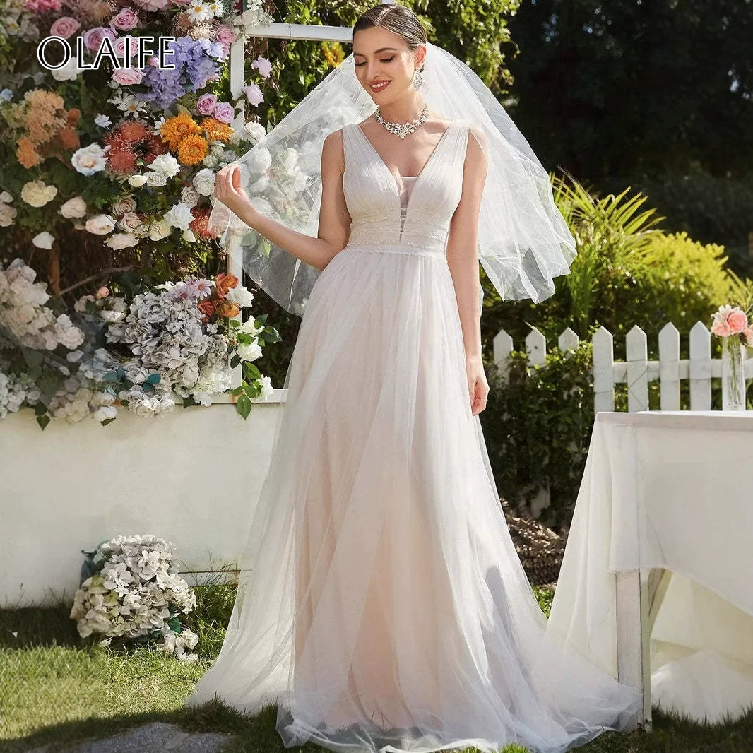 Brautkleider mit Perlenschärpe für die Braut, A-Linie, V-Ausschnitt, ärmellos, plissiert, Sweep-Zug, individuell gestaltete Vestidos de Novia