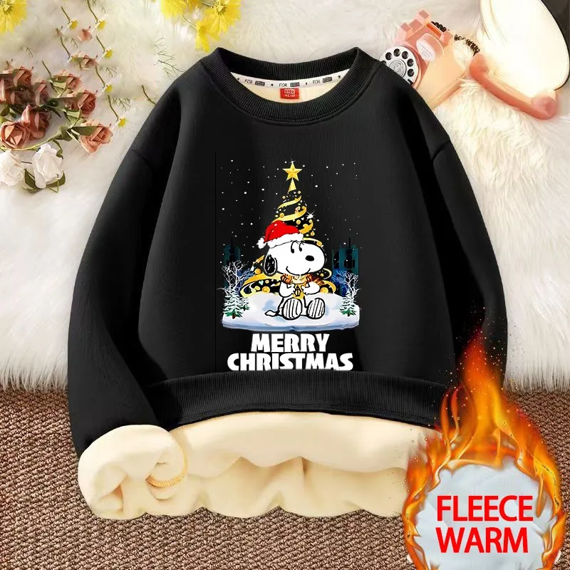 Snoopy Christmas Sweatshirts Peanuts Comic Long Sleeved Fleece Thicken Cute Tops Boy Girl New Year Xmas Clothing Child Clothes