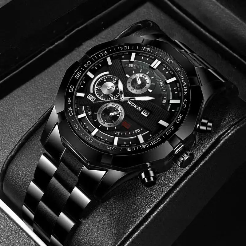 WOKAI Fashion Business Multi-functional steel band Quartz Men\'s luxury Tungsten steel Watch Boys Girls Student Retro clock