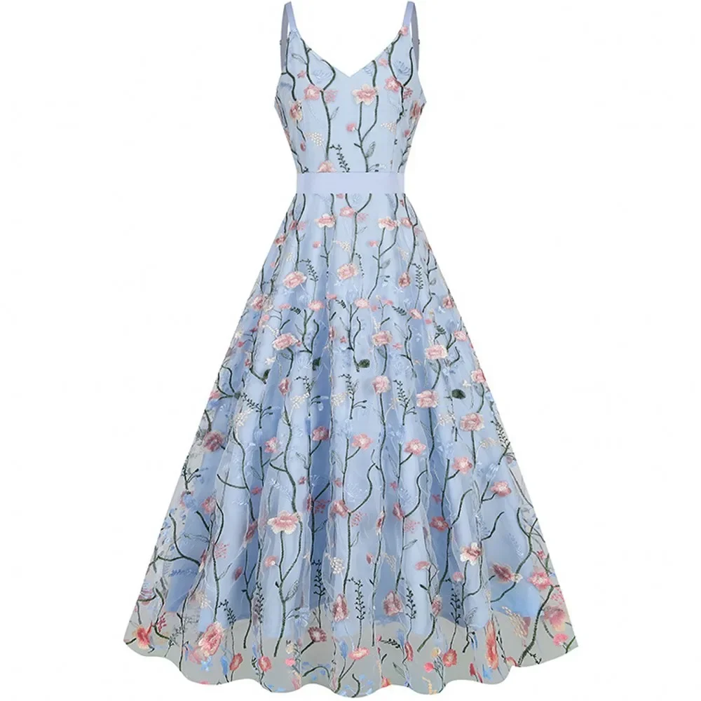 Vestido de fiesta Vintage con bordado Floral para mujer, traje Retro con tirantes finos, estilo Rockabilly de los años 60 y 50