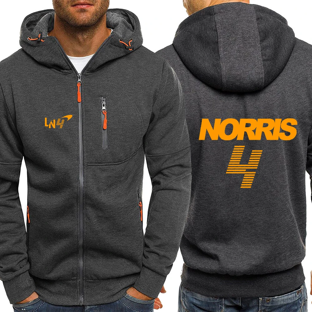 2024 Spring Autumn Men's Lando Norris 4 Logo Print High Quality Long Sleeve Pocket Zip Design Hoodies Cardigan Hooded Sweatshirt