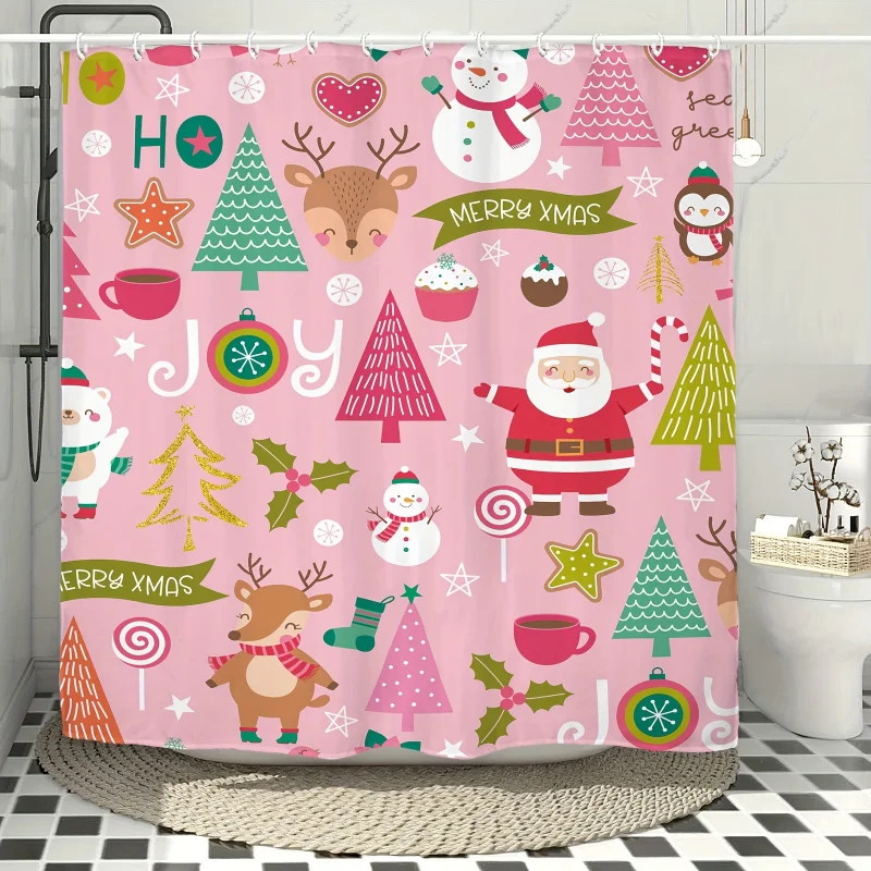 1pc Merry Christmas Xmas Girls Shower Curtain , Washable Polyester Fabric Curtain With Plastic Hooks, Fall Decor,