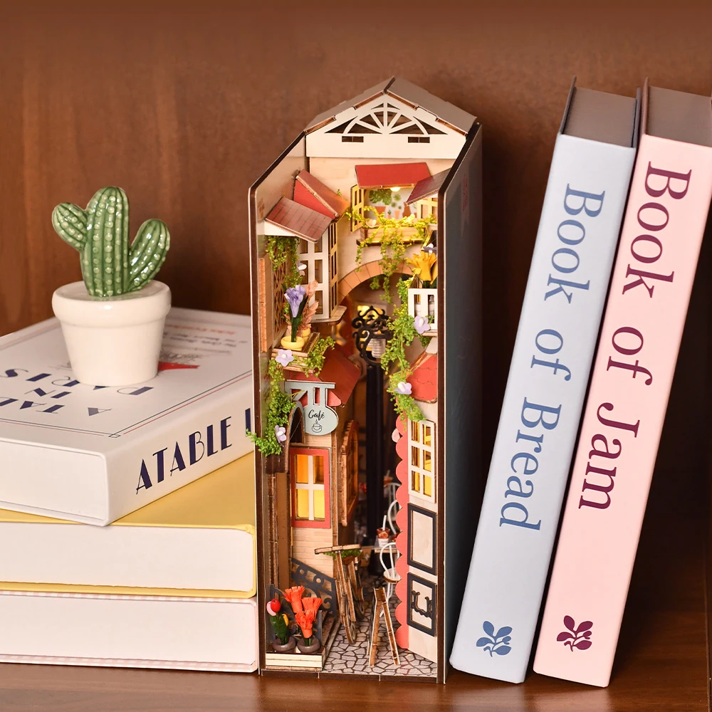 Kit di inserti per scaffali per angoli per libri fai-da-te Parigi Fermalibri Kit modello in miniatura in legno con luci Scaffale per amici Regali di compleanno