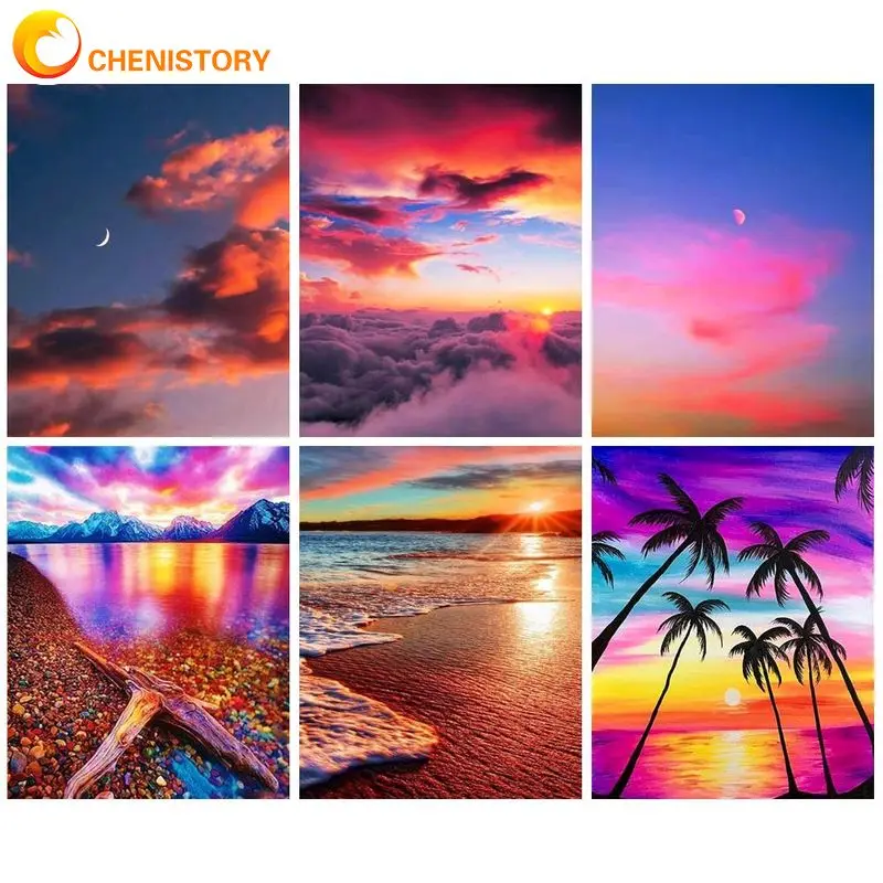 

CHENISTORY 5D Square Round Diamond Painting Frame DIY Cross Stitch Crafts Sunset Seascape Mosaic Diamond Embroidery Gift Decors