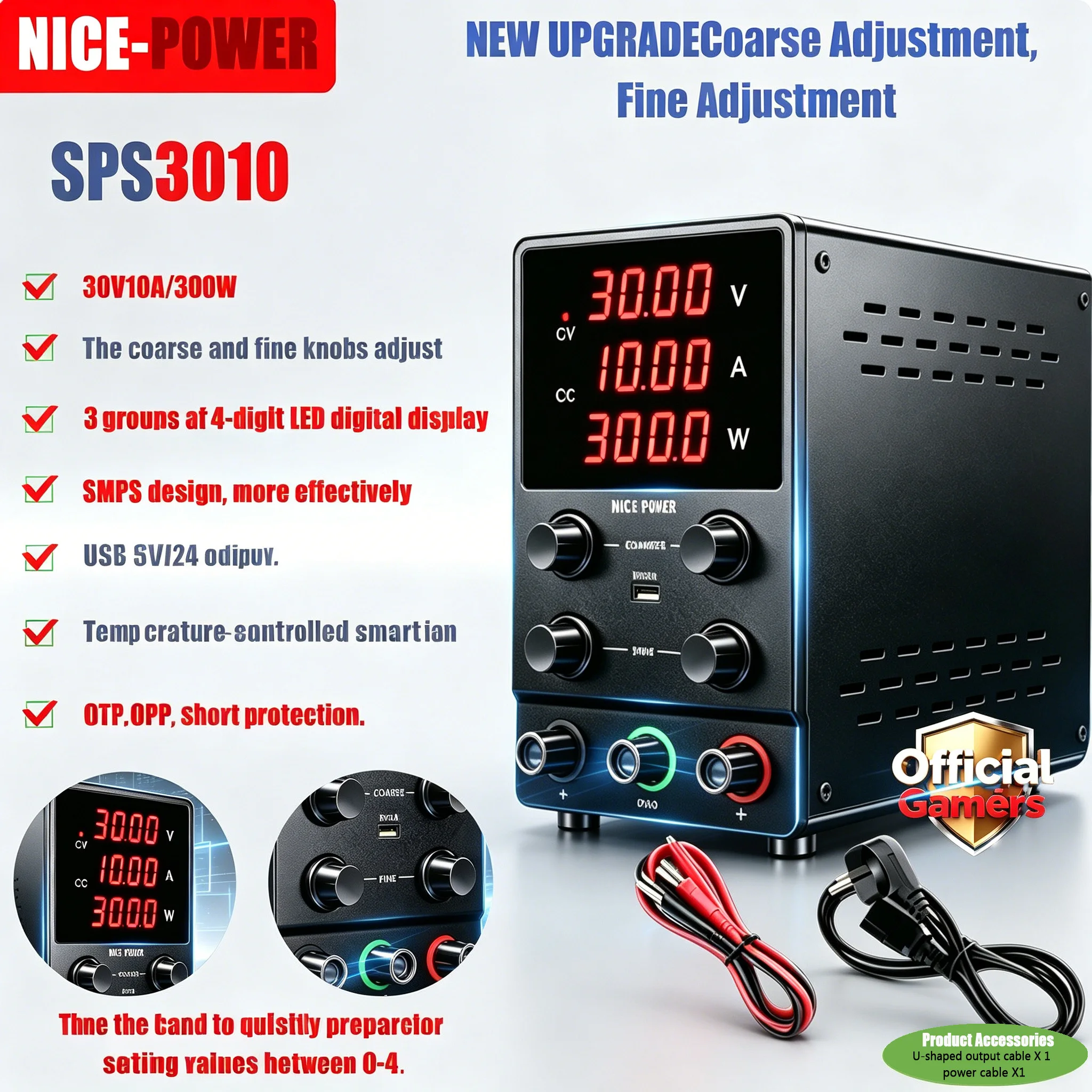 NICE-POWER DC Power Supply Variable30V 10A Adjustable Switching Regulated High Precision 4-Digits LED Display 5V/2A USB Port Tes