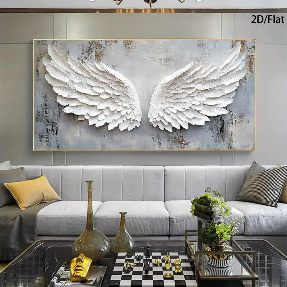 1 Modern Abstract White Angel Wings Canvas Painting - Gold Brown Beige Textured Effect, 2D Flat Print Frameless Painting for Liv