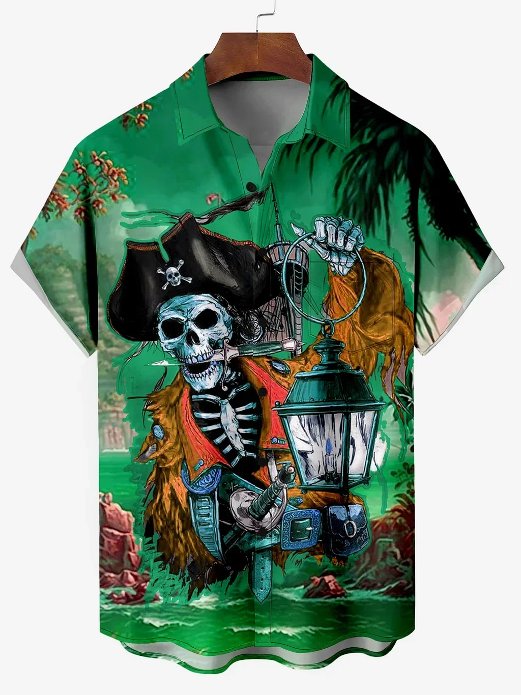 Unisex Hawaiian Skull Pirate Captain Stormy Voyage Cartoon Print Short-Sleeve Shirt Summer Loose Beach Shirt