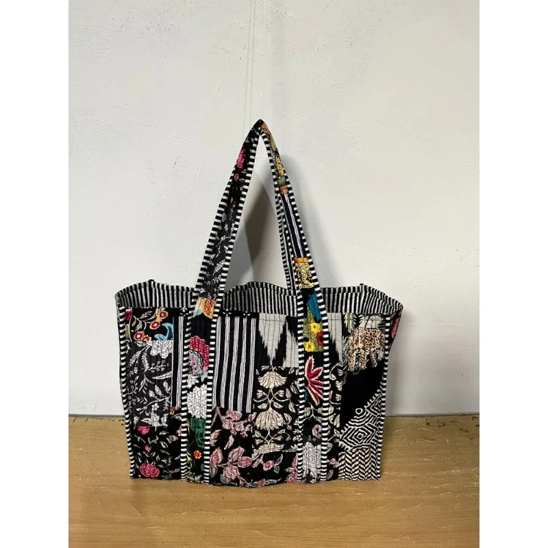 Black Patchwork Quilted Shoulder Bag for Women\'s Beach 100% Cotton Handbag