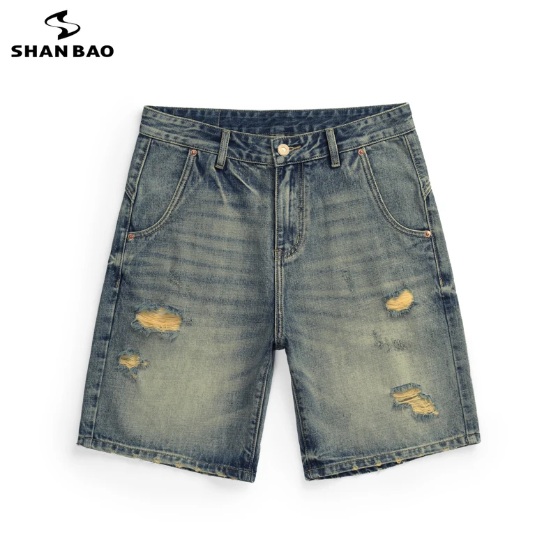 

SHAN BAO trendy brand distressed retro ripped men's summer denim shorts High quality clothing classic scratch line casual shorts