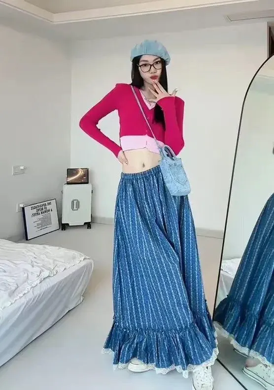 Women Blue Striped Floral Long Skirt High Waist Ruffle Lace Hem A-Line Maxi Y2k Skirt Summer France Holiday Beach Faldas Mujer