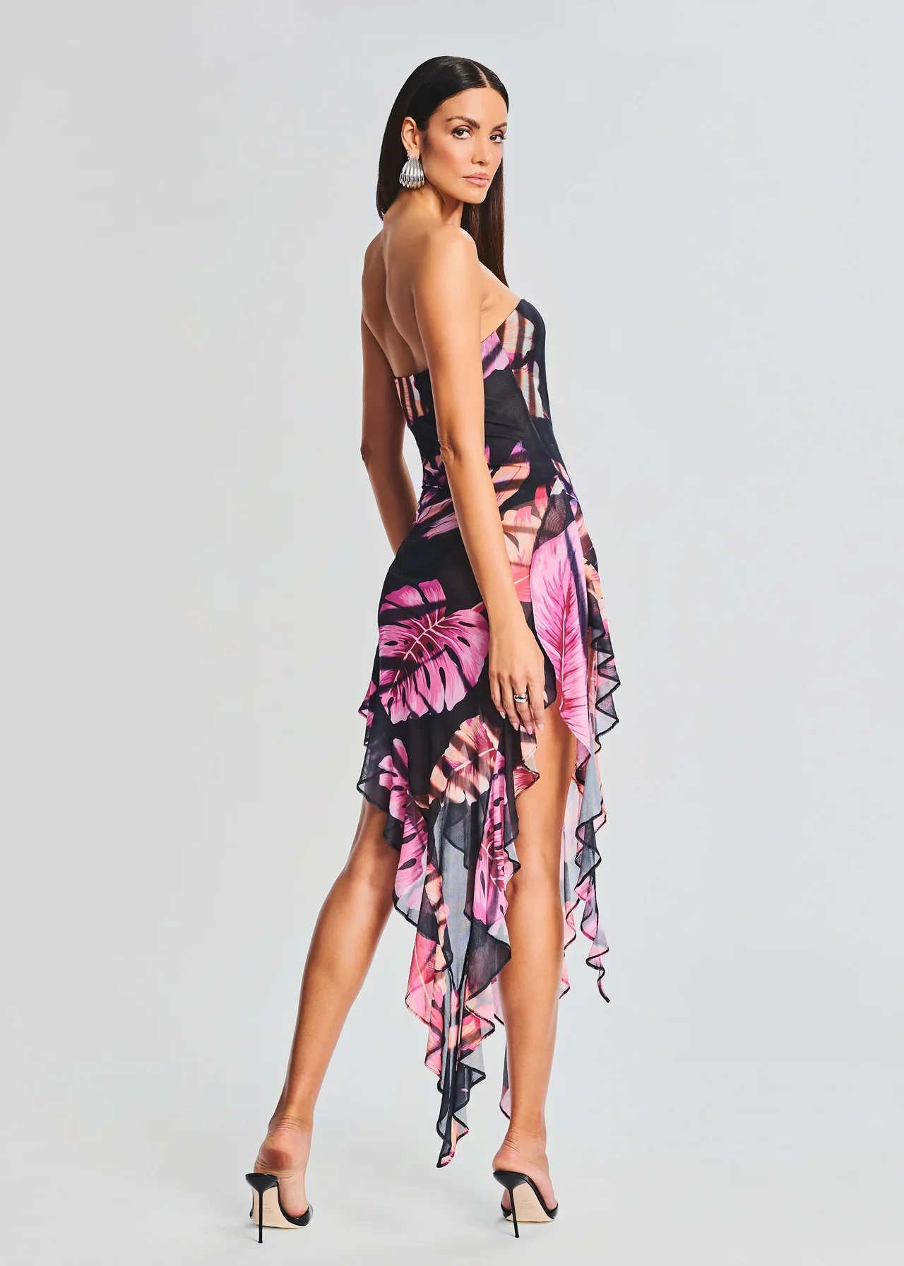 

Newest Off Shoulder Flora Printing Ankle-Length Beach Dress With Inregular Hem Slim Fit See Through Long Dress