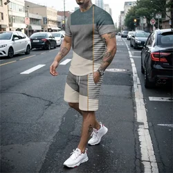 Men Tshirt Set Irregular stitching of vintage stripes Men Woman O Neck T-Shirt Shorts Two Piece Set Oversize Casual Man Clothing